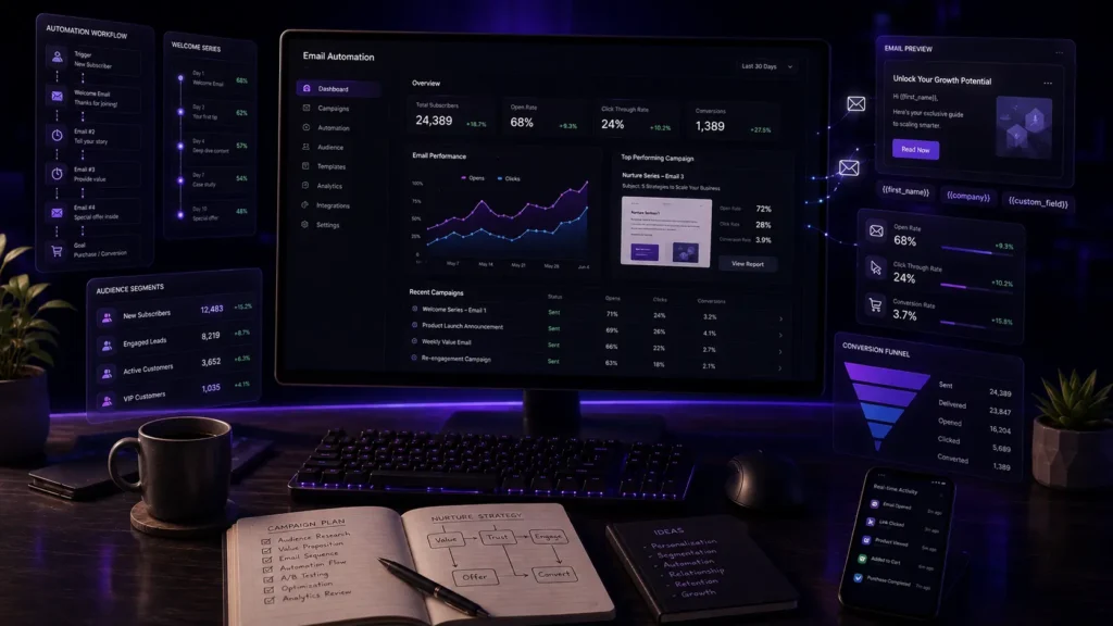 Email marketing automation dashboard by a digital marketing professional in Malappuram, displaying welcome series performance and audience segmentation
