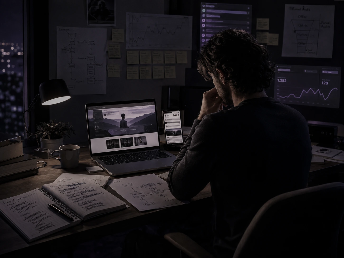Funnel audit and analytics review on a coach's desk, showing the messaging problems a marketing strategist in Malappuram found before a website rebuild
