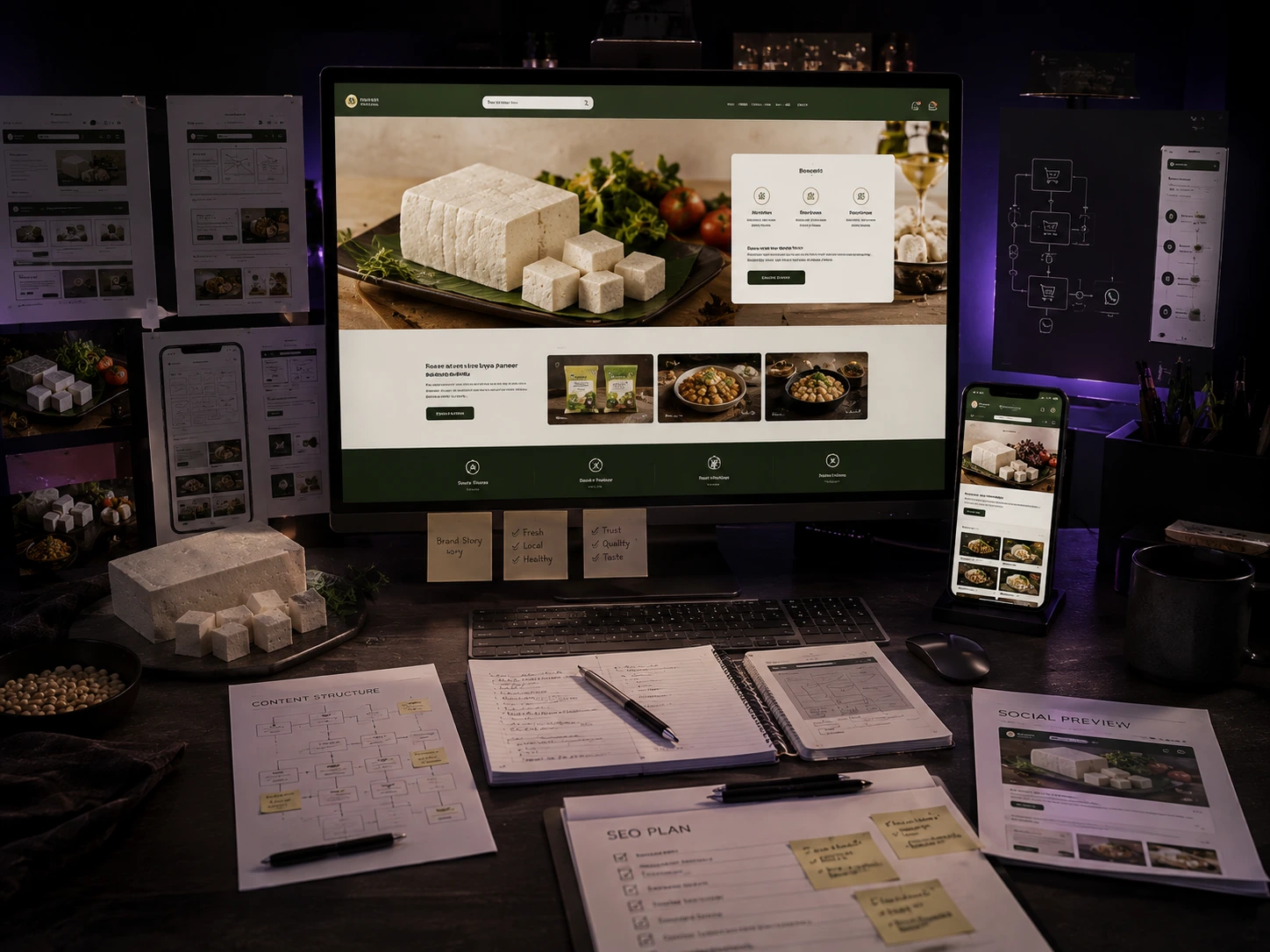 Amel Food & Wellness website homepage design with content structure, SEO plan, and brand strategy documents by a marketing strategist in Malappuram