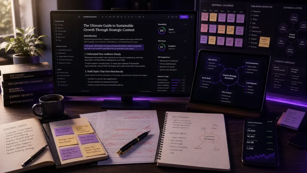 Content strategy workspace planned by a marketing specialist in Malappuram, including an SEO content brief, editorial calendar, and keyword cluster map