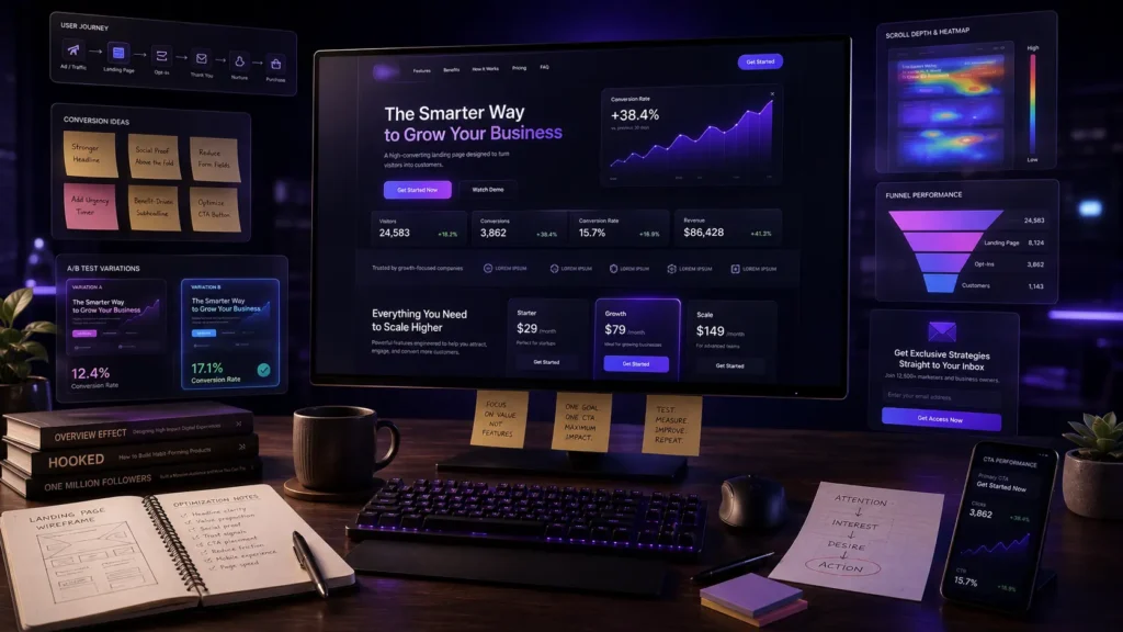 Landing page conversion rate optimization dashboard built by an online marketing consultant in Malappuram, showing A/B test results and funnel performance