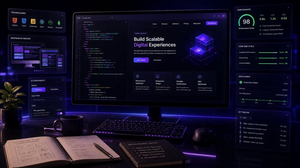 Web development dashboard by a marketing consultant based in Malappuram, showing clean code, a 98 performance score, and a responsive design preview