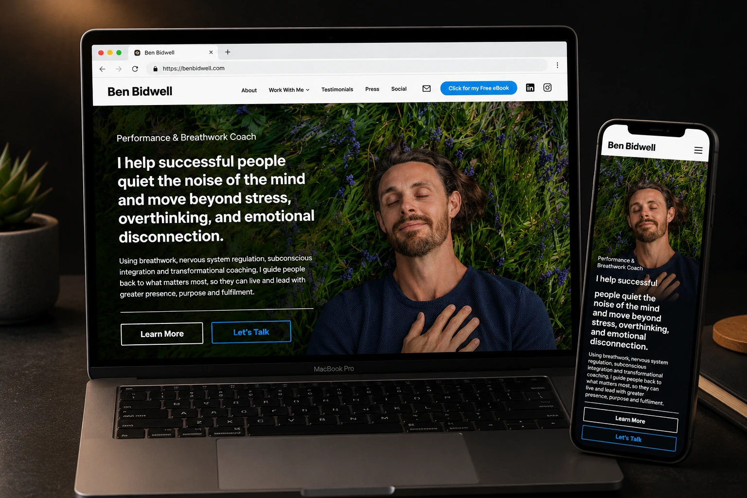 Website design and email copywriting portfolio piece for UK-based breathwork coach Ben Bidwell, built by a growth marketer in Malappuram