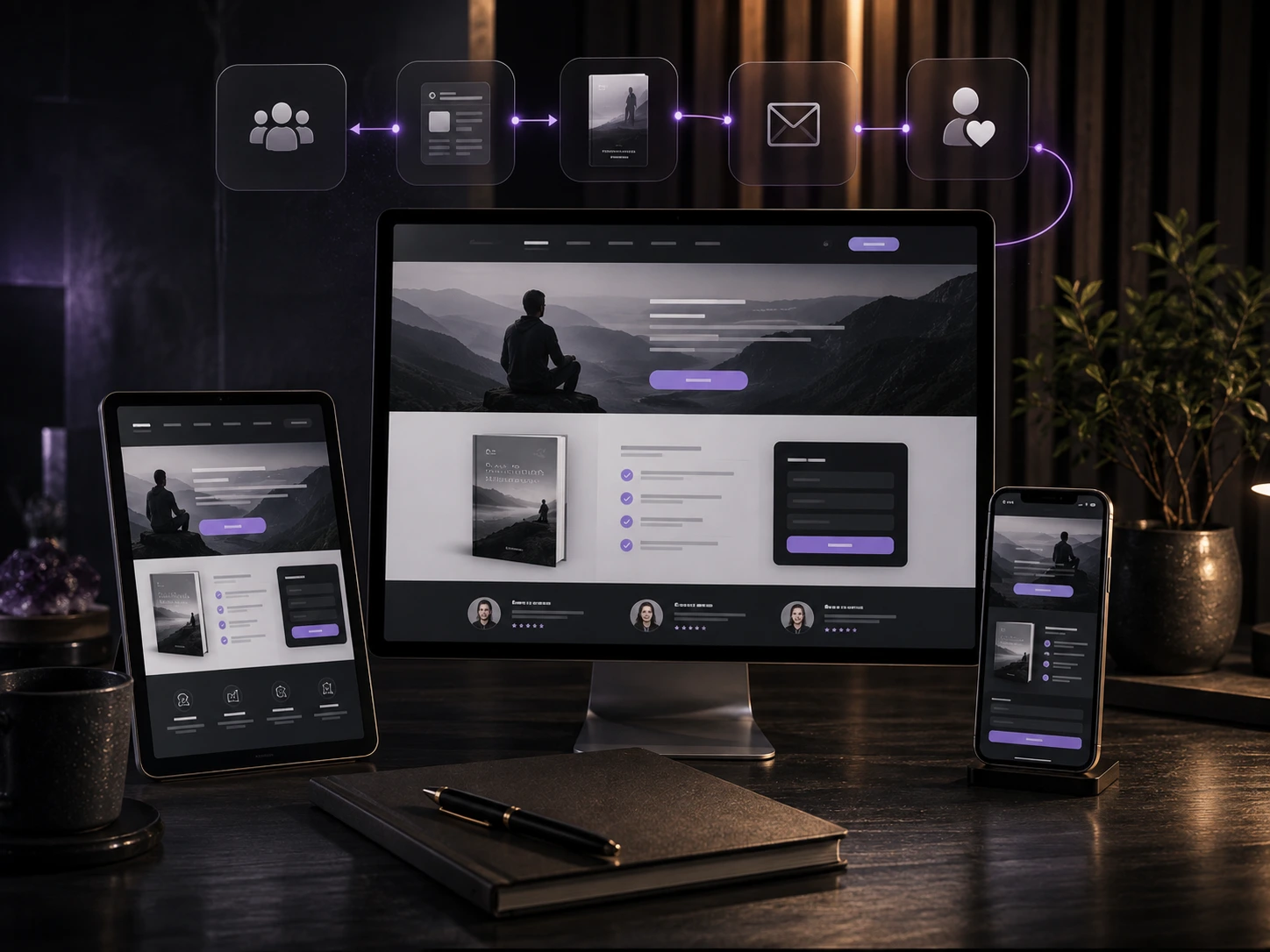 Ben Bidwell's responsive landing page across desktop, tablet, and mobile with lead-to-customer funnel icons, results of a Malappuram-based digital marketer's work