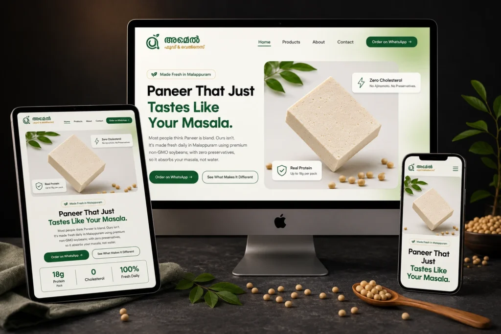 Website design for Amel Foods, a Malappuram tofu brand, built by a marketing strategist in Malappuram with local SEO and professional photography