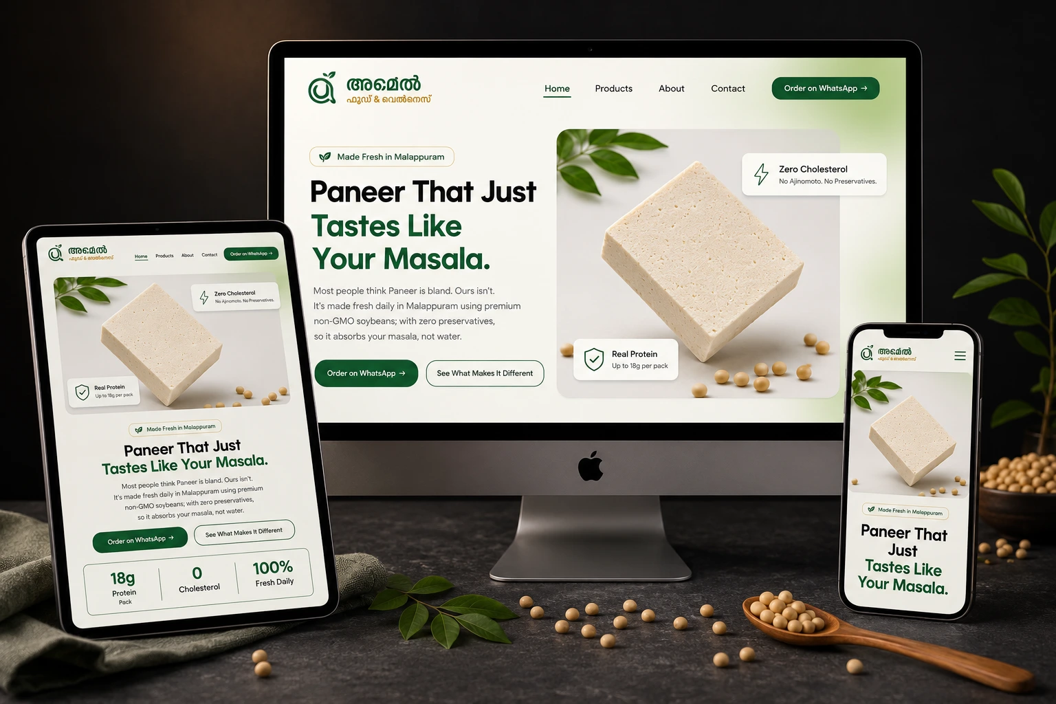 Website design for Amel Foods, a Malappuram tofu brand, built by a marketing strategist in Malappuram with local SEO and professional photography