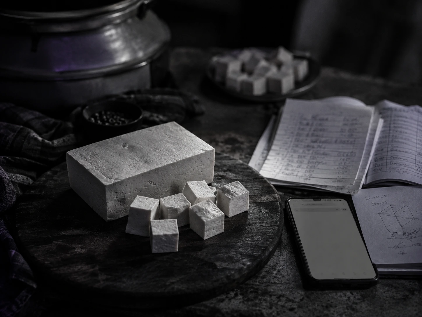 Amel Food & Wellness soya paneer block and cubes beside a handwritten sales ledger, showing the offline-only reach an online marketing consultant in Malappuram helped fix
