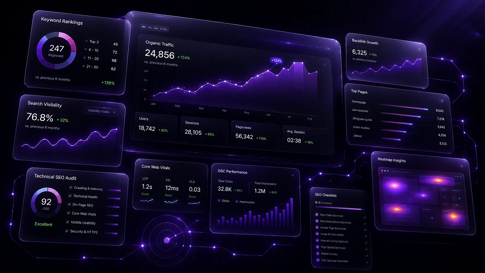 SEO performance dashboard built by a digital marketing expert in Malappuram, showing organic traffic growth, keyword rankings, and a technical SEO audit score